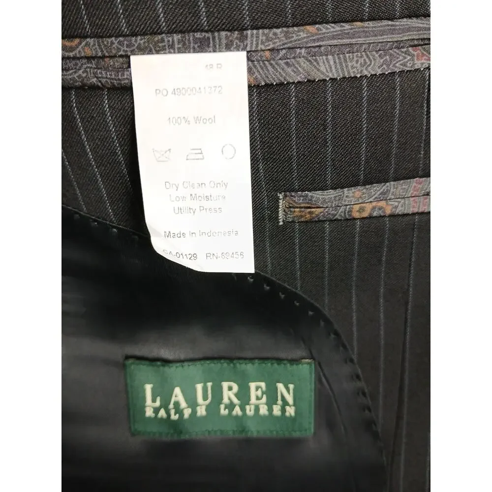 Ralph Lauren Pinstripe Wool Suit Blazer & Pants Blk Sz 48R 38Wx 32L 69456/90736